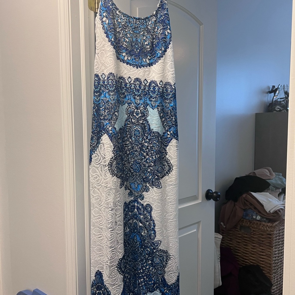 White Maxi Dress with Blue Ornate Lace Pattern